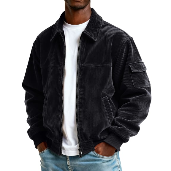 IAJDKMEK Men's Corduroy Pocket Zipper Jacket - Casual Sports Plus Size, this Zip Up Jacket and Sports Jacket for Men, Multiple Pockets,Black L