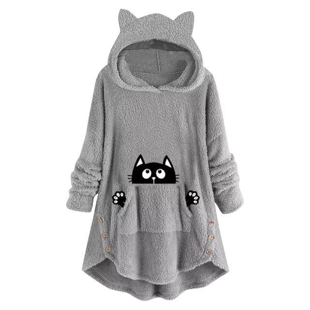 Plus Size Women's Long Sleeve Pullover Hoodie with Cute Tea Cat Print and Button Pockets