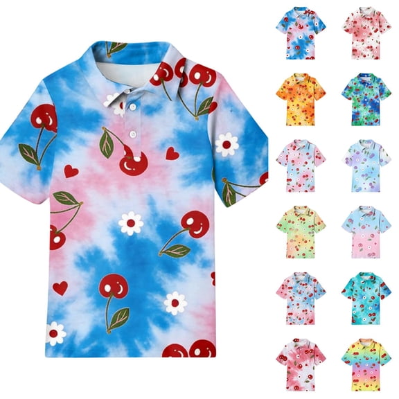 Hearthz Polo Shirts for Girls Cherry Floral Printed Short Sleeve Shirts for Teens Girls Lapel Collar Trendy Teen Girl Clothes School Uniform 12-13Y