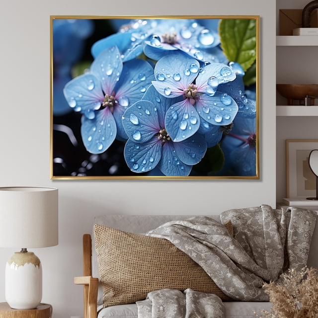 Designart Flowers framed wall art decor, Flowers framed wall Art, Flowers Charm In Blue , Blue Large Traditional Gold framed wall art, 44x34 inches Gold Frame