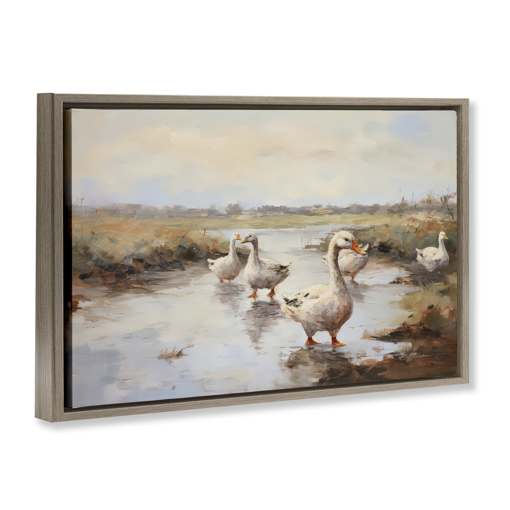 Stupell Industries Swan Family Traditional Pond Landscape & Nature Painting Brown Floater Framed Canvas Art Print Wall Art, 25 x 17