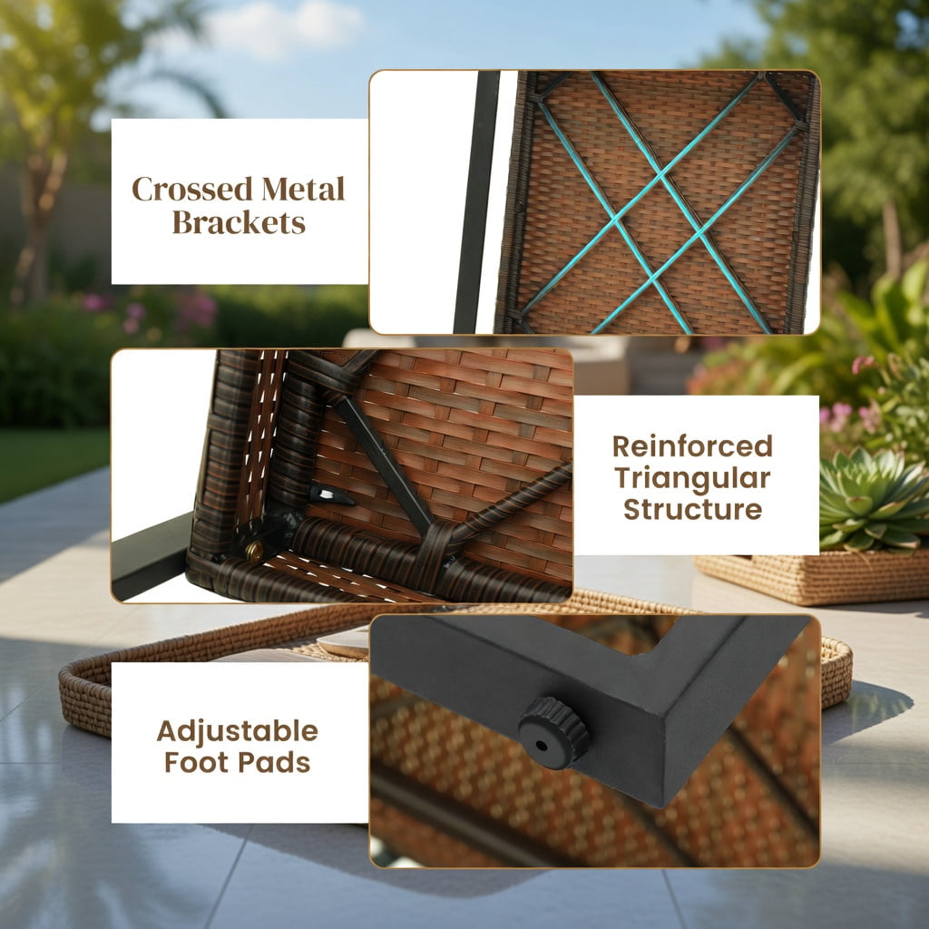 Hommoo 3-Piece Outdoor Patio Conversation Set, Acacia Wood Armrests & Tabletop, PE Rattan Chairs with Cushions, Includes Square Coffee Table, White