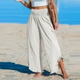 thumbnail image 2 of Linen Wide Leg Pants for Women Stretch Smocked High Waisted Ruffle Hem Palazzo Pants Summer Casual Loose Beach Pants White,L, 2 of 6