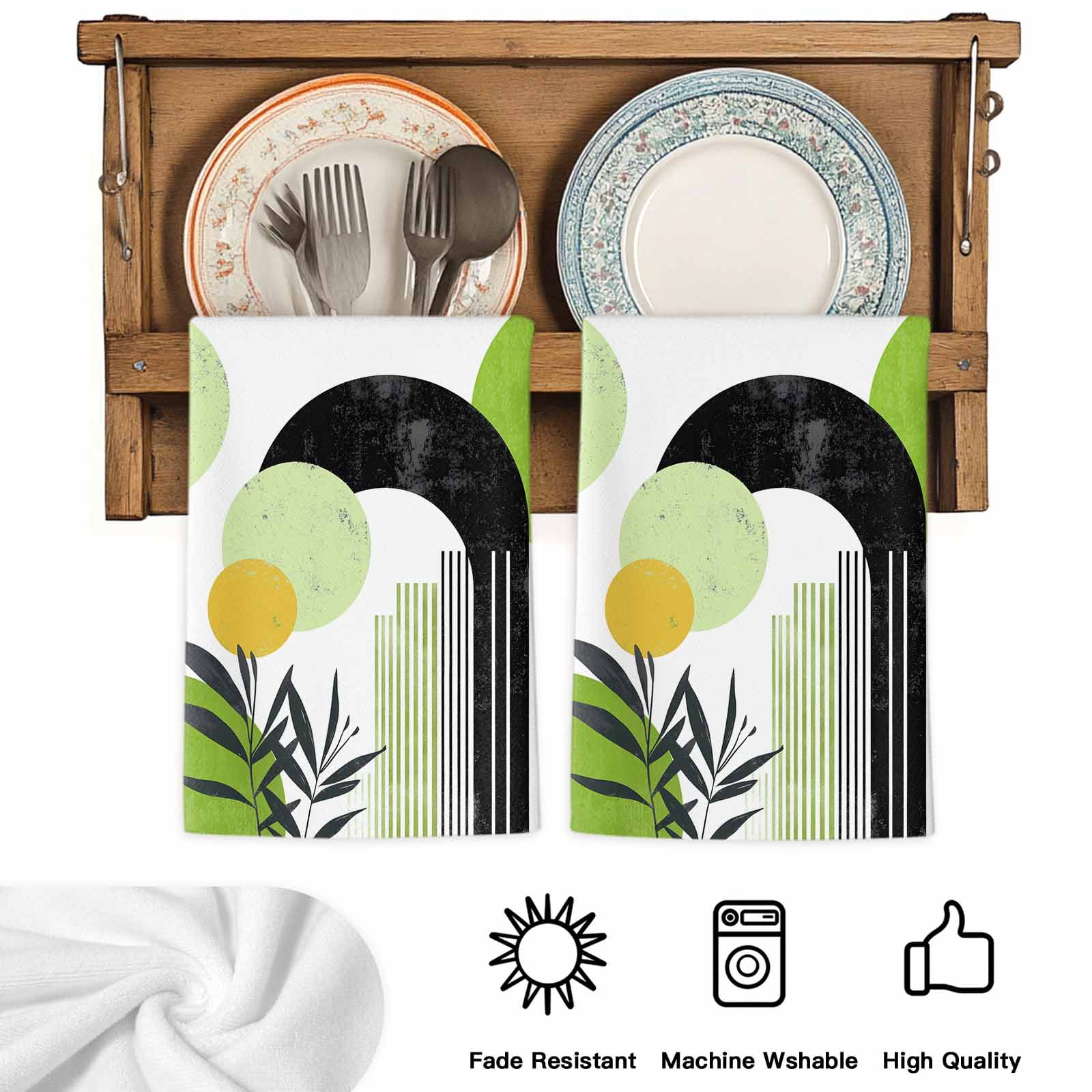 Dish Towels, Green Boho Absorbent Kitchen Towels 2 PCS, Geometric Line Leaves Microfiber Hand Towels Dish Cloths Tea Towels for Home&nbsp;Bathroom Cleaning Drying,18X28-Inch,