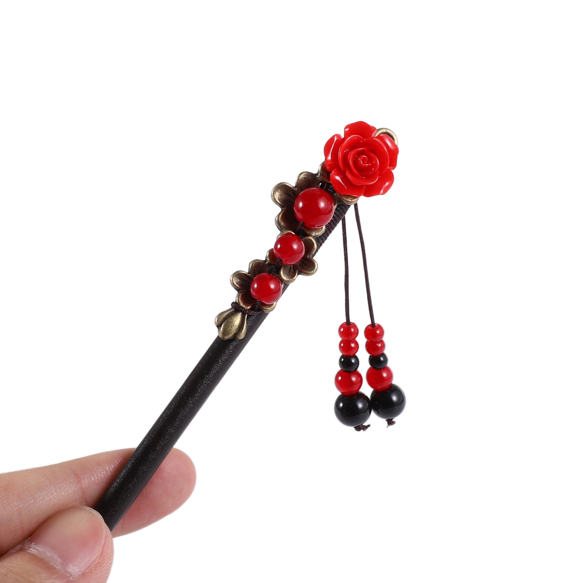 Unique Bargains Hair Chopstick for Women Black Red 1 Pc [Flower Beads Tassel]