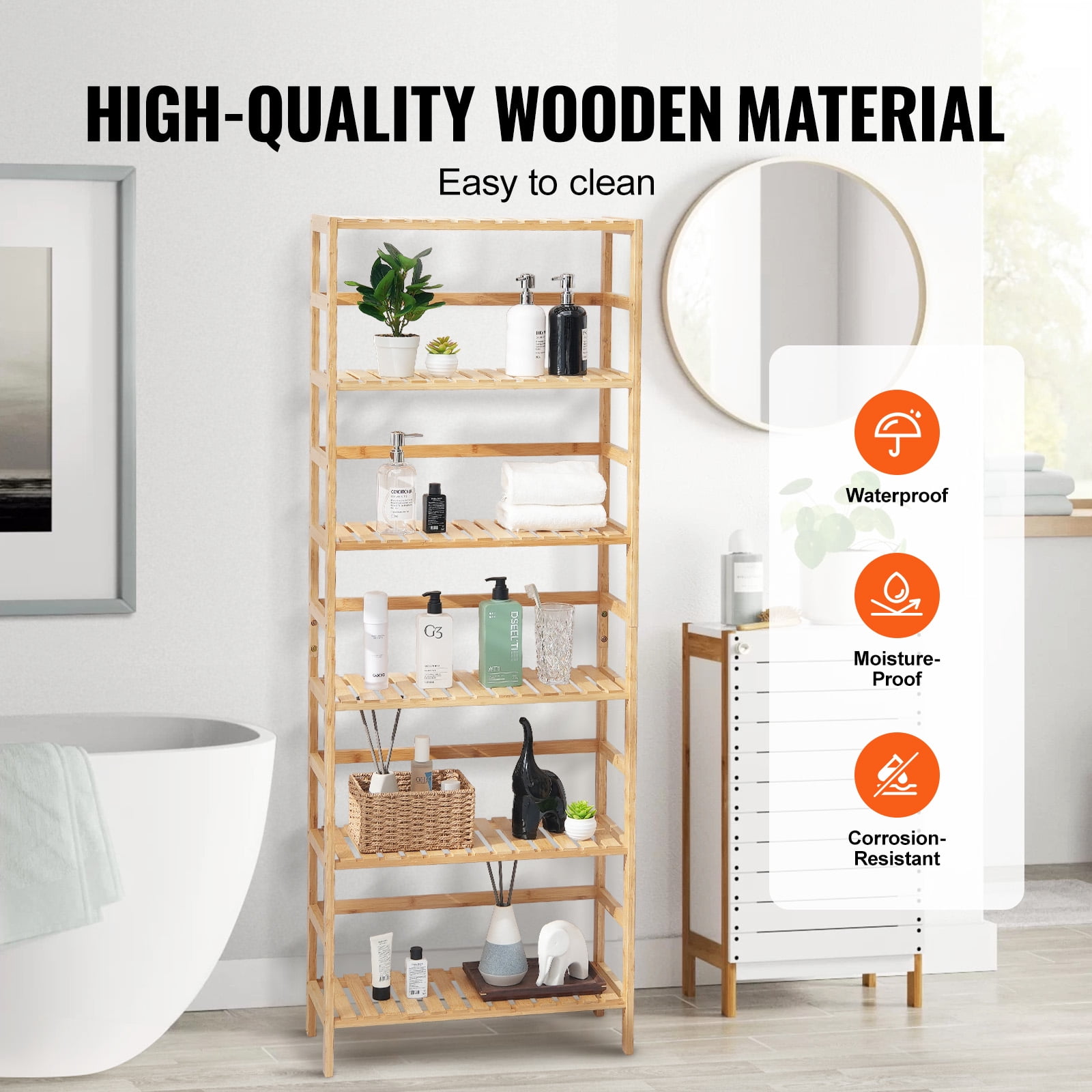 KFFKFF 6-Level Bamboo Rack, Uncovered Wooden Bookcase, Showcase Organizer, Independent Floral Plant Holder, Versatile Bamboo Shelving Perfect for Restroom, Sleeping Quarters, Workspace