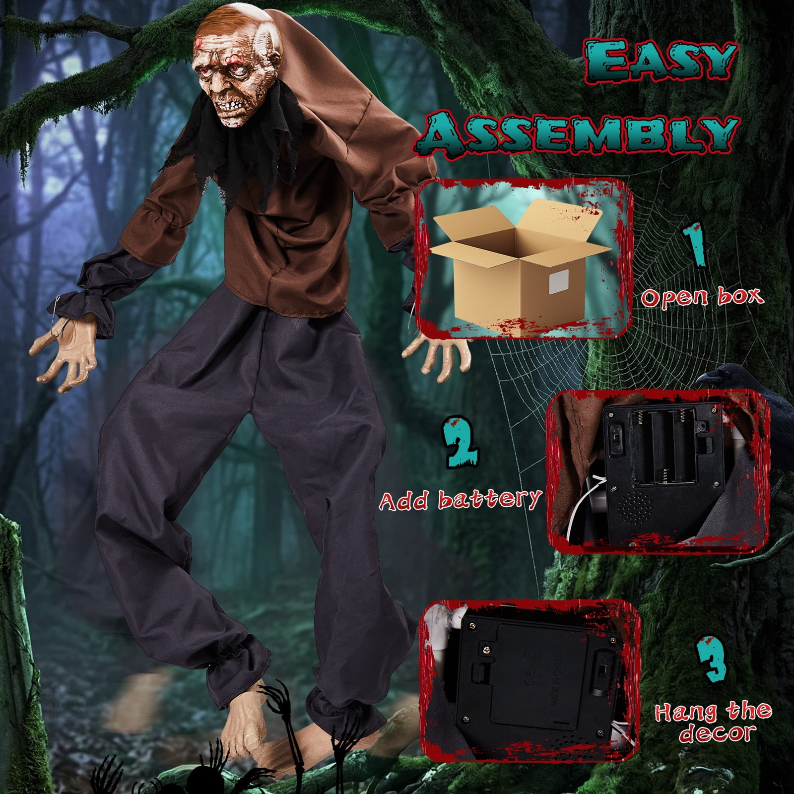 Astoutdoor 5 ft Halloween Wall-Climbing Ghost Hanging Decoration with Sound-Activated Moving Legs, Roaring and Laughing Sound Effects, Battery Operated