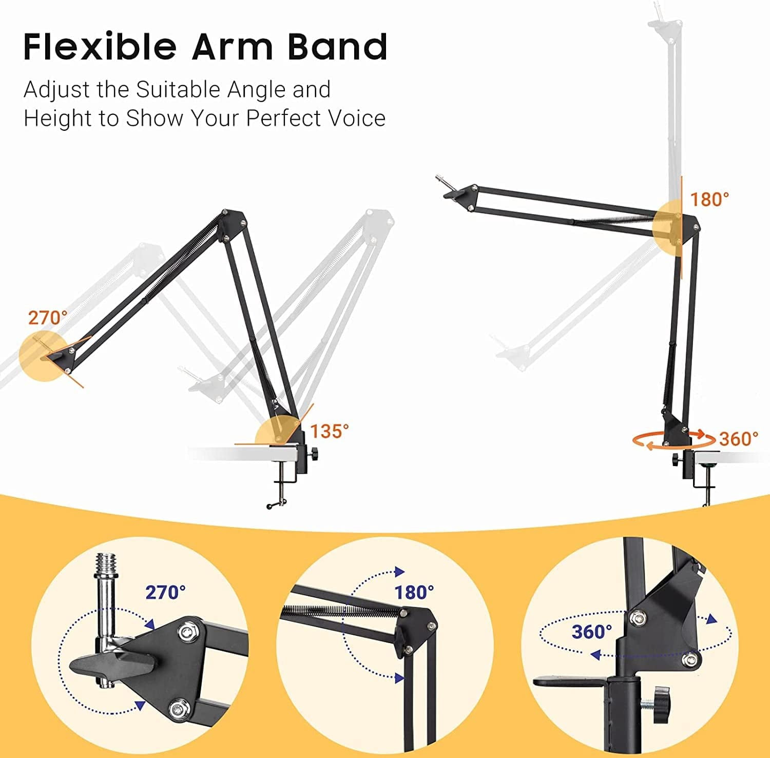 MKEUDQ-2 in 1 Microphone Arm Stand and Phone Stand with Pop Filter 2 Mic Clip and 3/8" to 5/8" Adapter Heavy Duty Adjustable Suspension Boom Scissor Microphone Stand for Blue Yeti Snowball CY0263-1