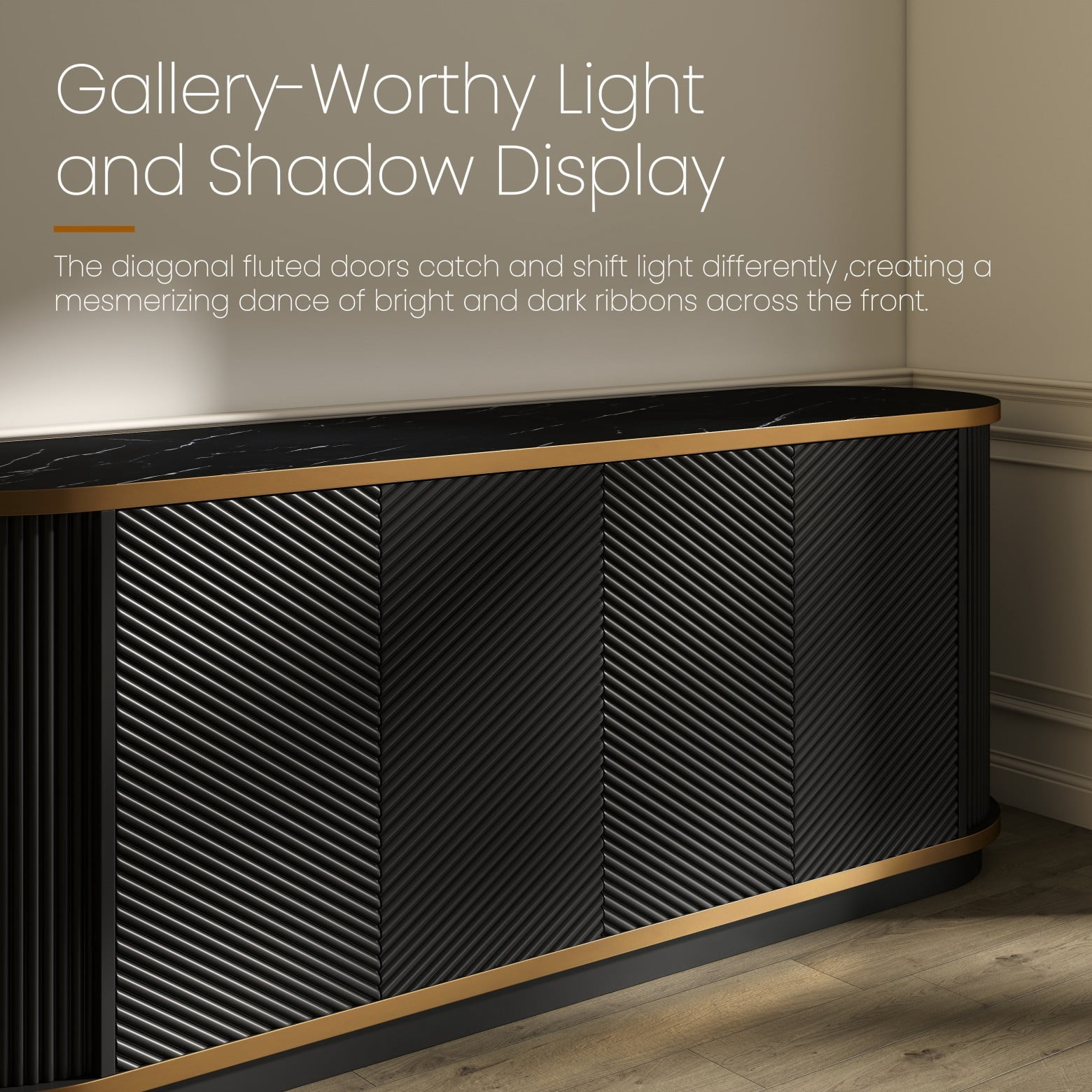63" Fluted Sideboard Cabinet with Marble Top, 4 Door Buffet Credenza Storage, Push-to-Open Doors & Gold Trim TV Console, Black