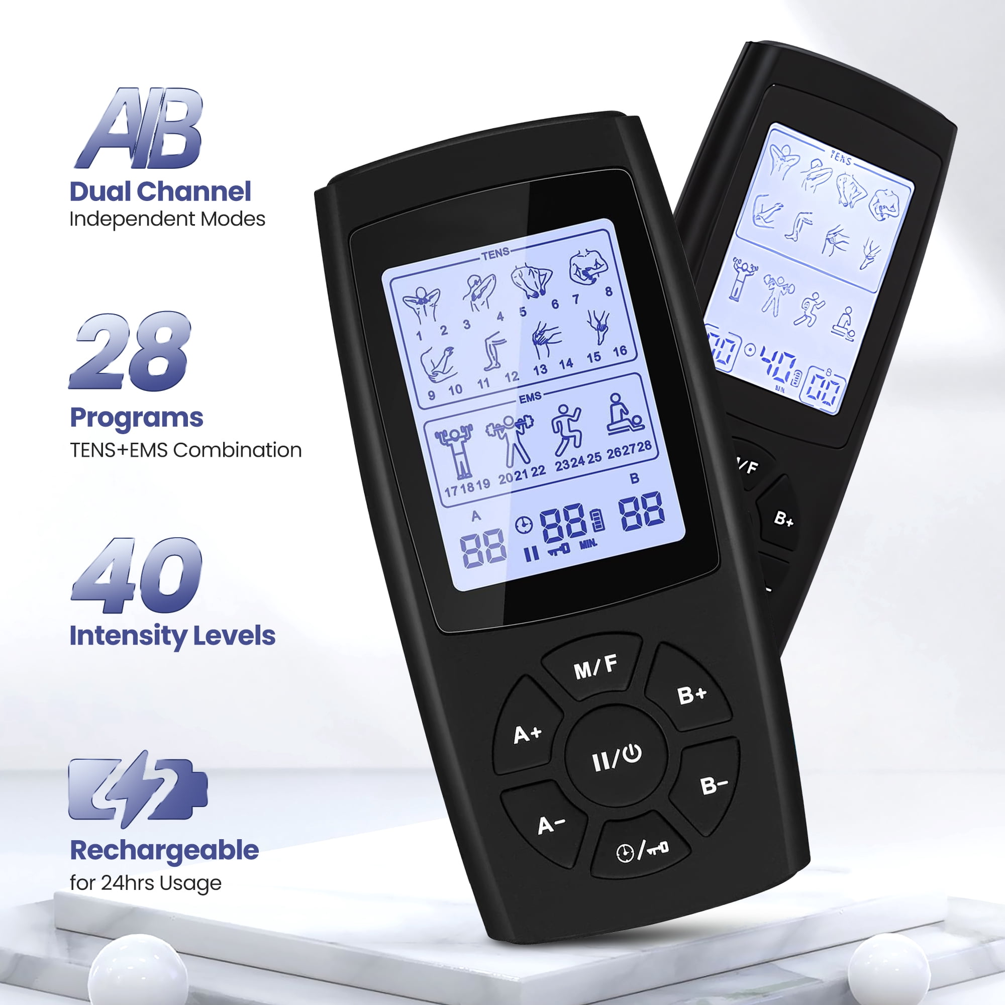 Ouwald TENS Unit Rechargeable Muscle Stimulator EMS Dual Channel with 10 Unit Replacement Electrode Pads, 28 Modes Electronic Pulse Massager for Back Neck, Black