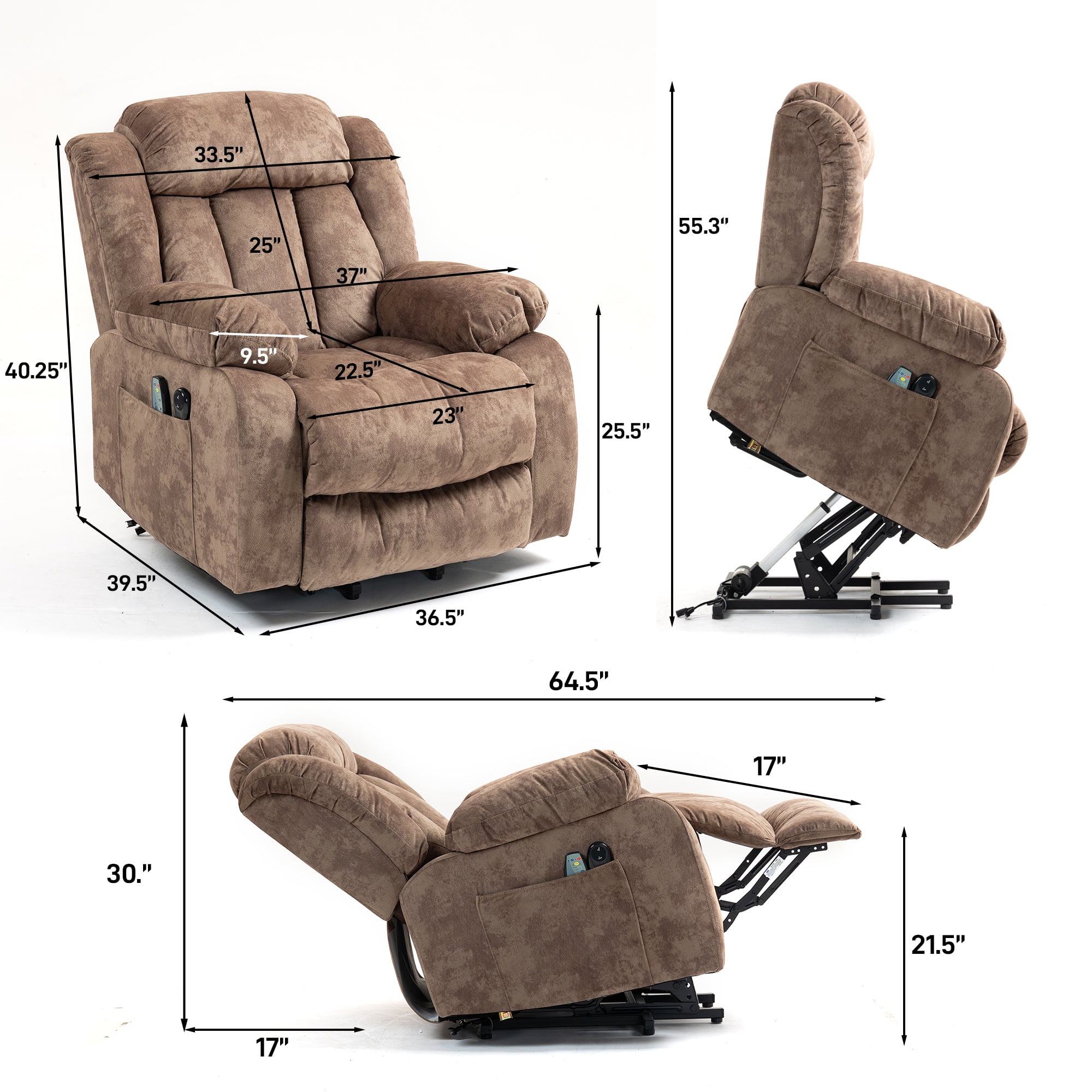 Power Lift Recliner Chair with Heat and Vibration Massage, UHOMEPRO Modern Fabric Elderly Electric Reclining Sofa with Remote Control and Side Pockets for Living Room Home Theater, Light Brown