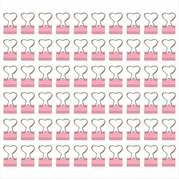 Clips Metálicos para Carpetas con Forma de Corazón, 60 Piezas, Color Rosa.