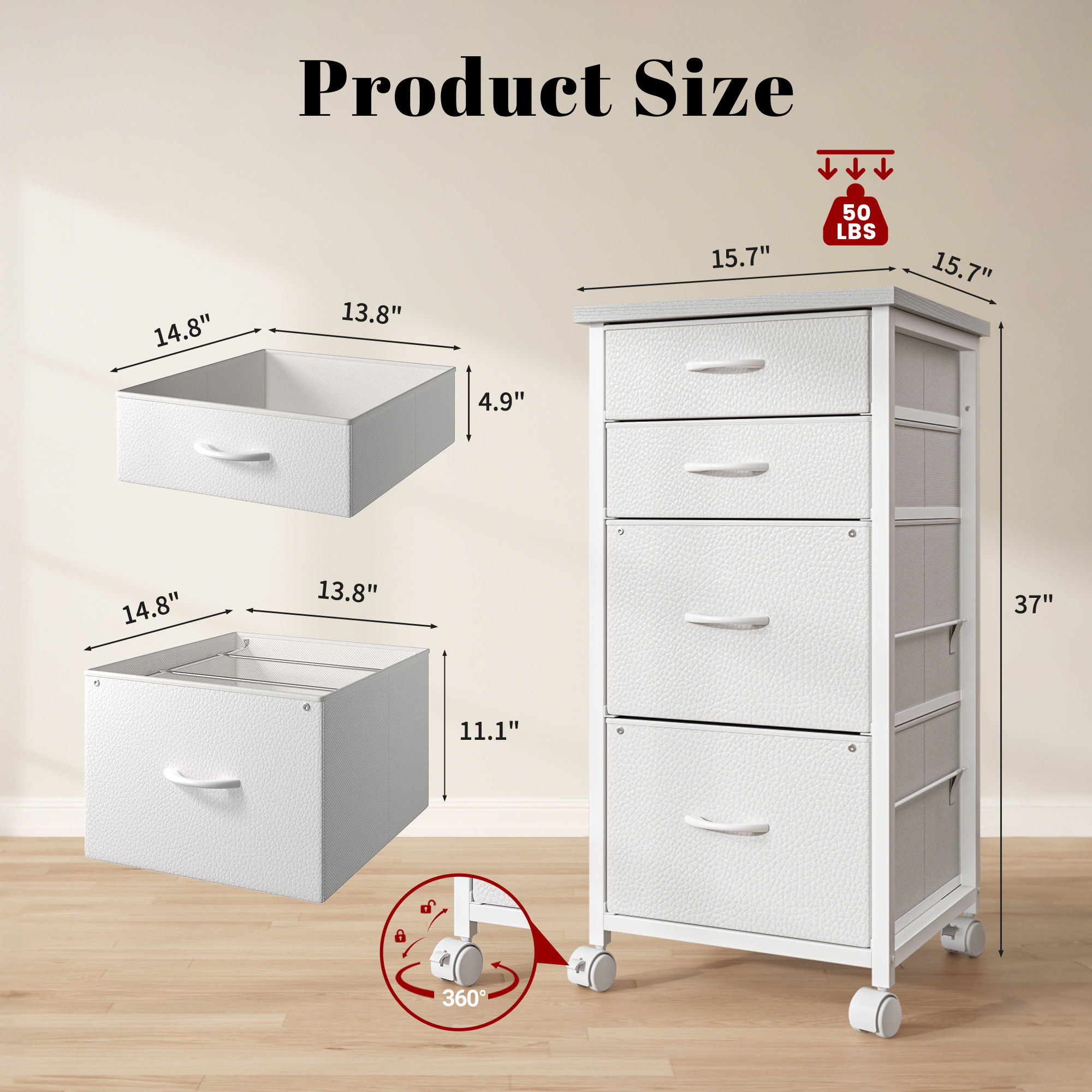 Romorgniz 4 Fabric Drawers Mobile File Cabinet Desk Table Cabinet Fits A4/Letter Size Printer Stand for Home Office，White