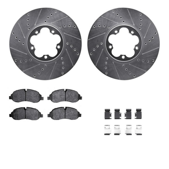 Dynamic Friction Company Front Brake Rotors-Drilled and Slotted-Silver with Heavy Duty Brake Pads includes Hardware 7212-99242
