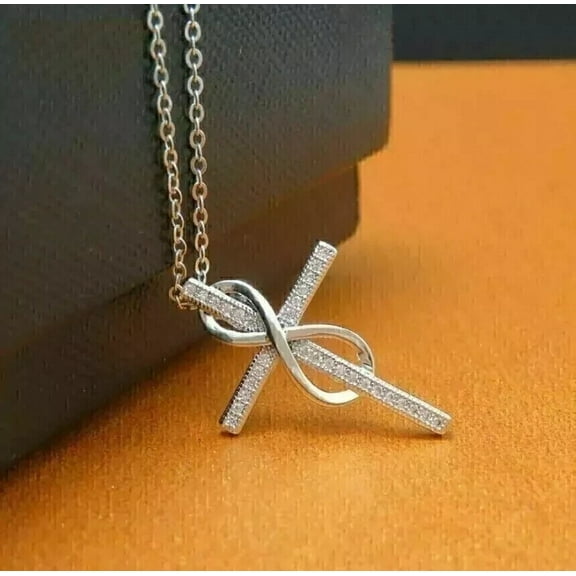 Women's Round Cut Diamond Cross Pendant 14K White Gold Plated