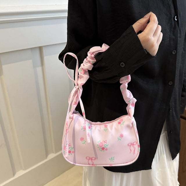 ZOUBAOQ Local DeliveryColorful Bow Shoulder Bag Pleated Floral Bag Sweet Design Sweet Drawstring Commuter Bag Multifunctional Lightweight Underarm Bag Stylish Womens Bag