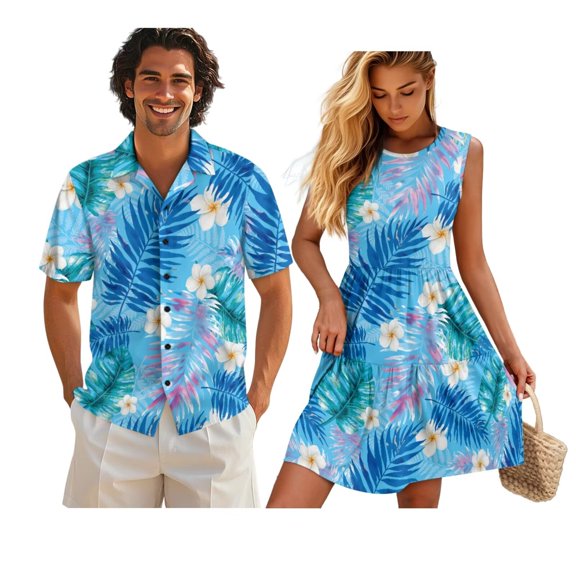 KUIFORTI Matching Couple Outfits 4-Way Stretch Blue Floral Palm Leaf Husband and Wife Clothing Men’s Hawaiian Shirt for Romantic Date Fashionable Lightweight Quick-dry