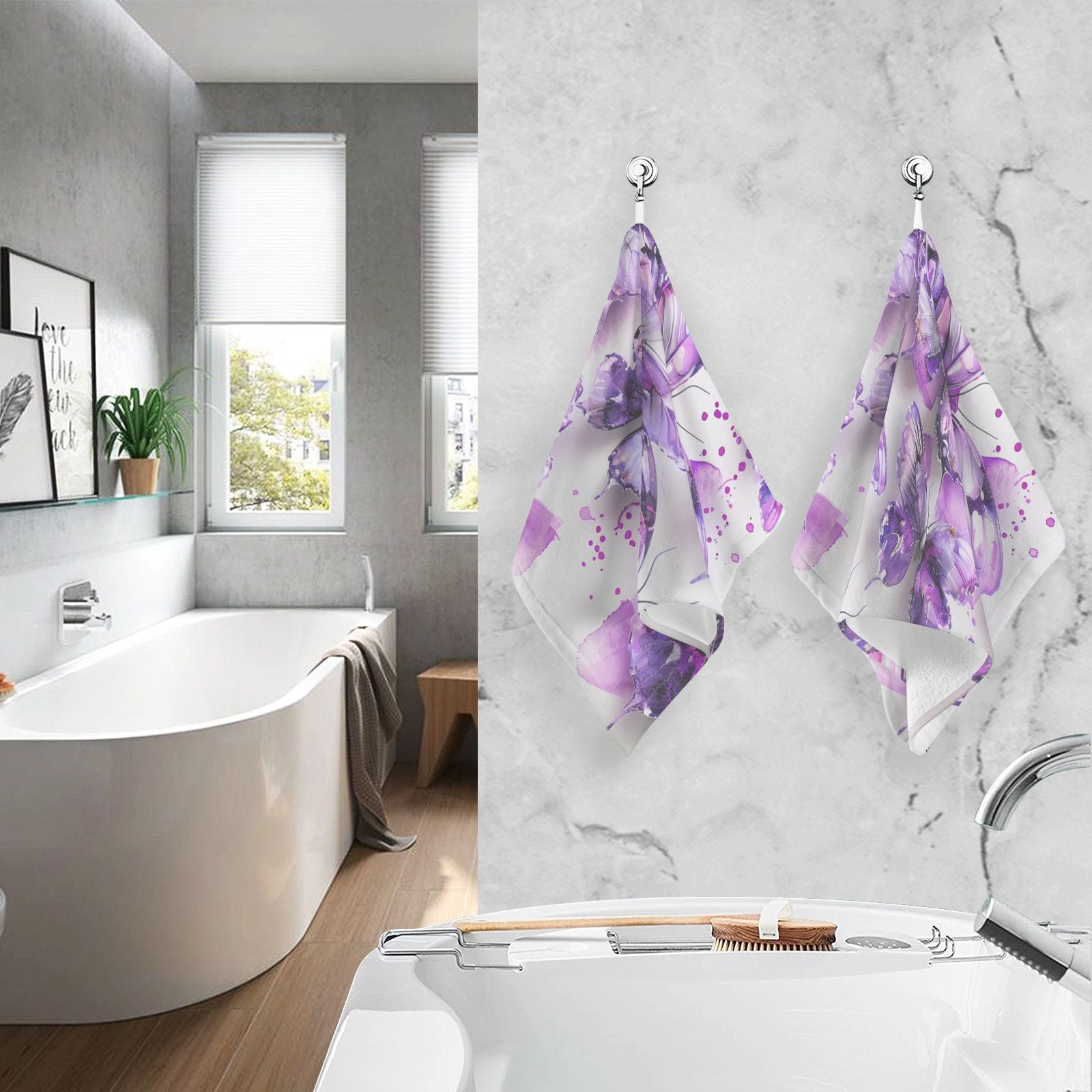 Purple Butterflies Watercolor Hand Towel Bath Towels Face Towels Cotton Absorbent for Home Hotel Spa Swimming Yoga Sports Decorative Towel Set of 2