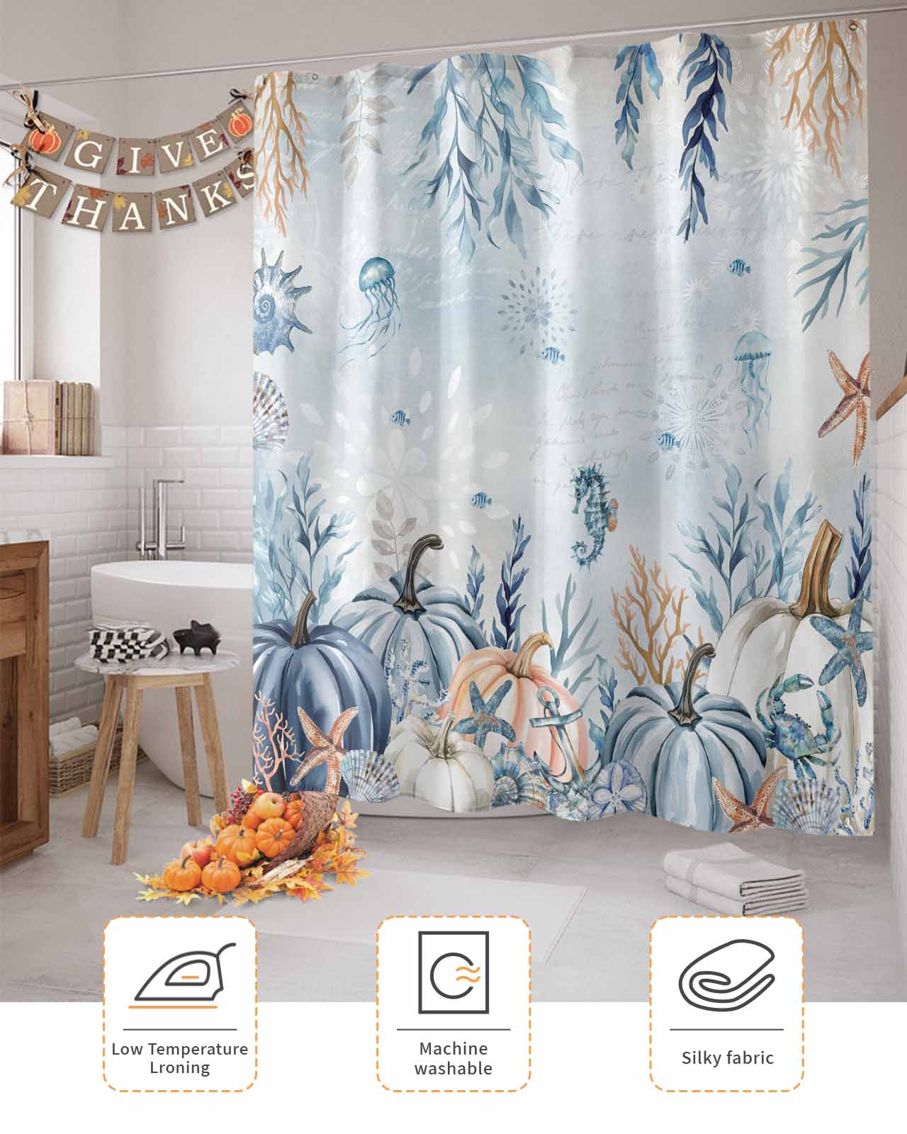 Shower Curtain Bathroom Set Blue Pumpkin Thanksgiving Sea Starfish Coral Waterproof Fabric Shower Curtains with Grommets&Hooks Gradient Ocean Style Privacy Bath Curtain for Bathtub 36x72in