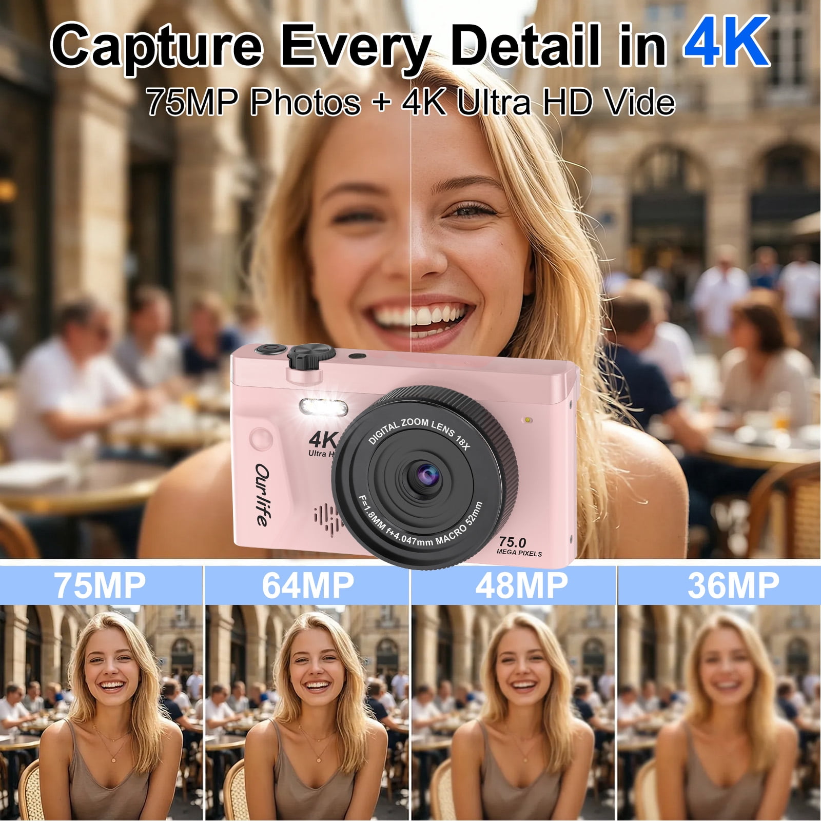 Ourlife 4K 75MP Digital Camera for Photography, Autofocus Vlogging Camera with 18X Zoom, 3" Flip Screen,pink