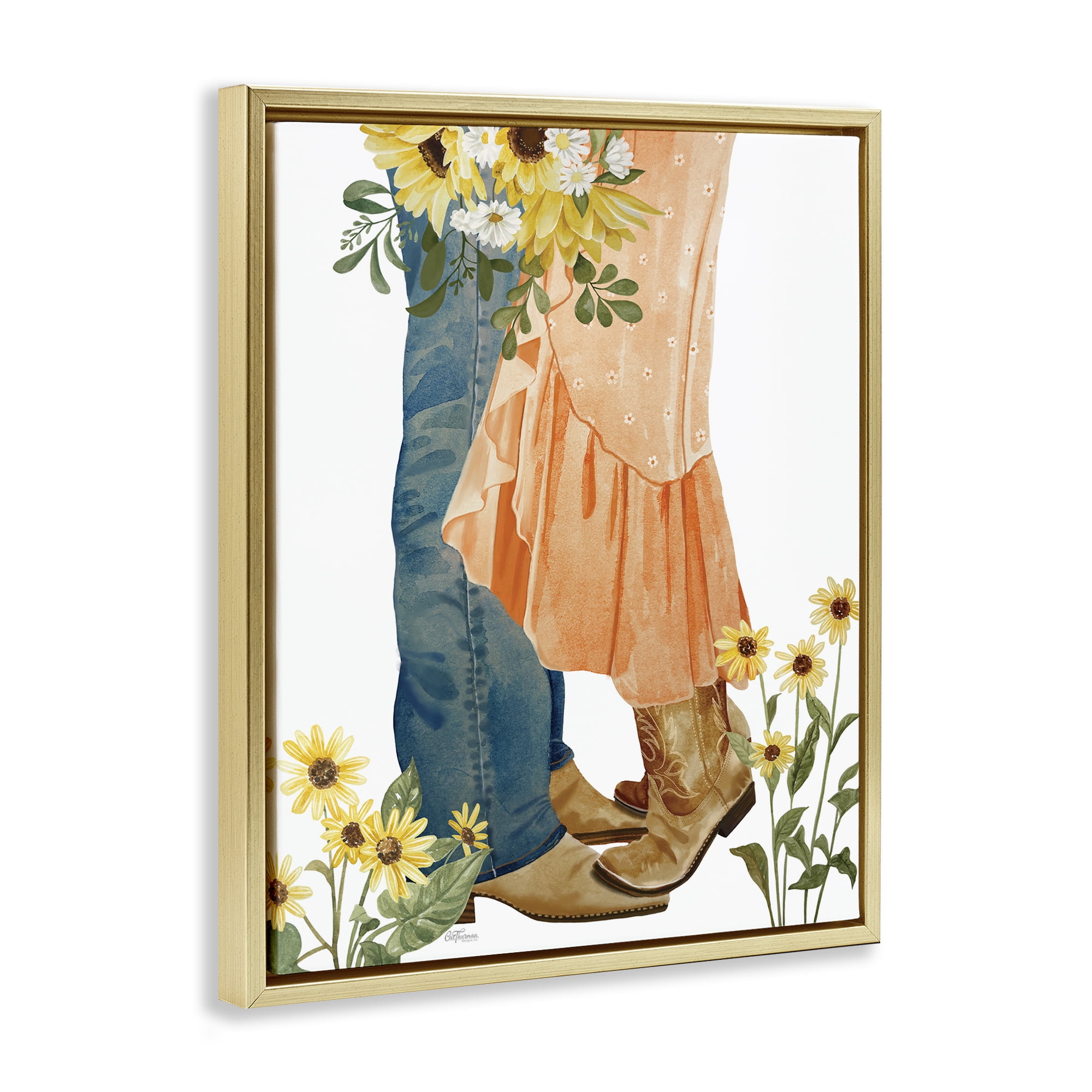 Stupell Industries Floral Western Couple Novelty Painting Gold Floater Framed Canvas Art Print Wall Art, 25 x 31