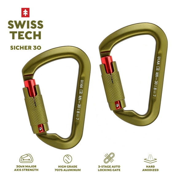 Swiss Tech 30KN Climbing Carabiners, 2 pack, Auto Locking, Lightweight, 7075 Aluminum