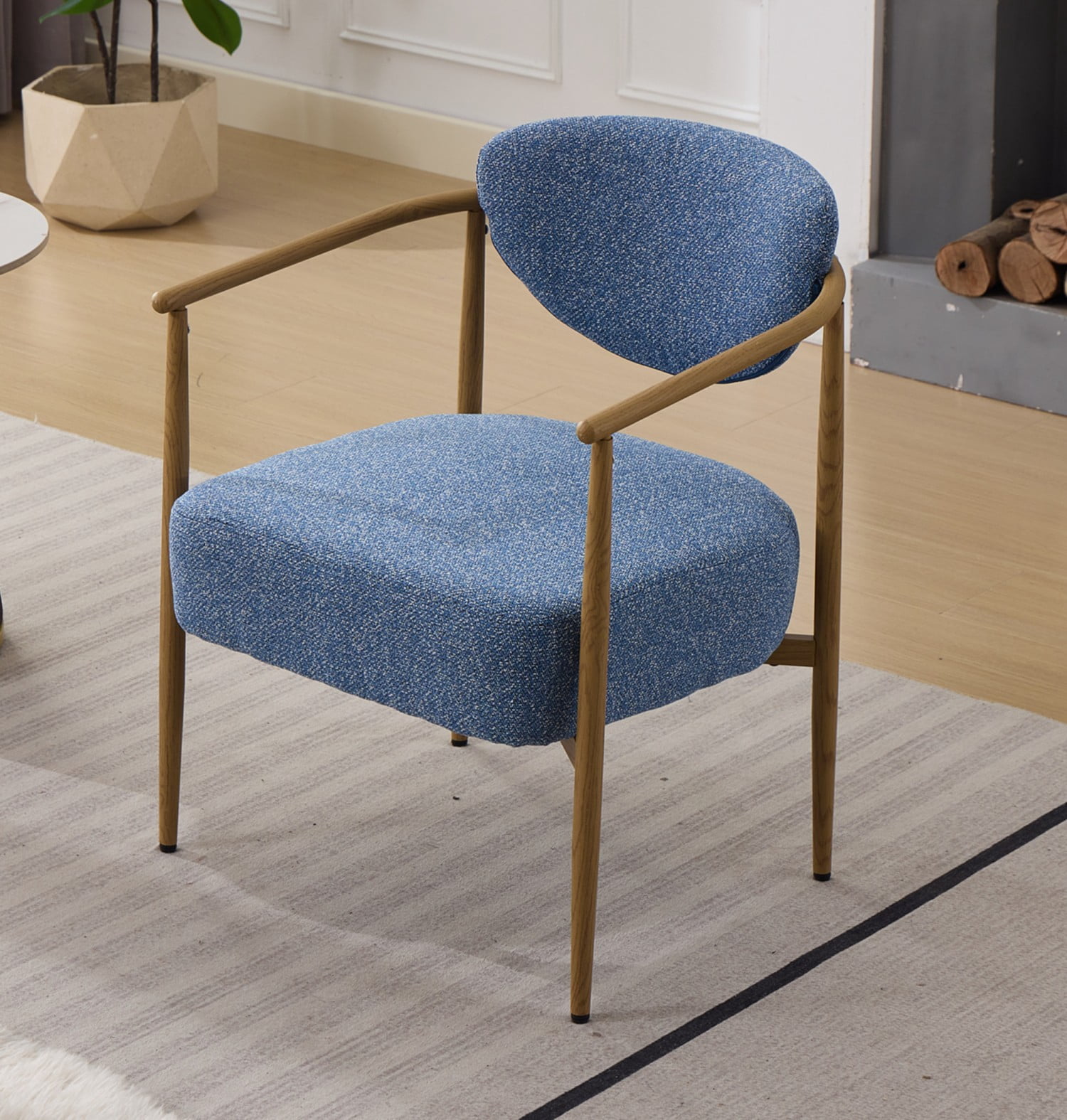 Blue Velvet Dining Chair Living Room Chair Upholstered Foam Seat Accent Chair with Metal Frame Wood Grain Water Transfer Finish for Bedroom Dining Room Cafe