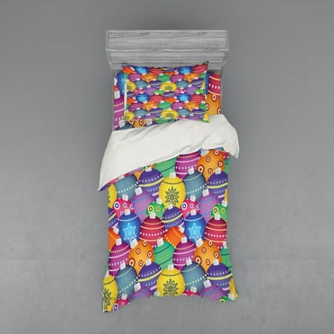 Ambesonne Christmas Bedding Set 3 Pcs, Colorful Xmas Balls, Twin XL, Multicolor