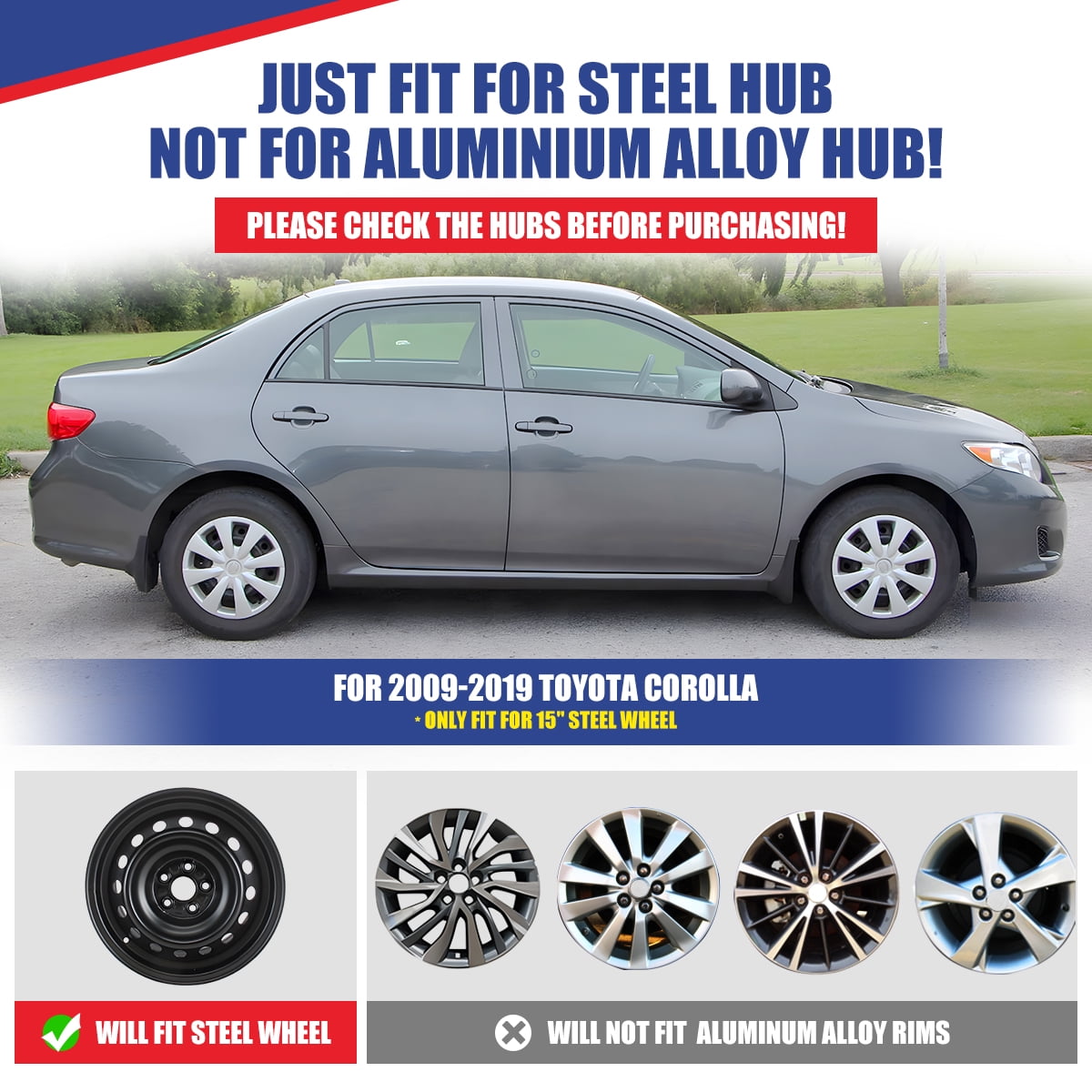 15 inch Steel Wheel Hubcaps for Toyota Corolla Style Hubcaps [2009 2010 2011 2012 2013 2014 2015 2016 2017 2018 2019] 15" Set of 4, Snap On Installation (4 pieces-Lacquer)