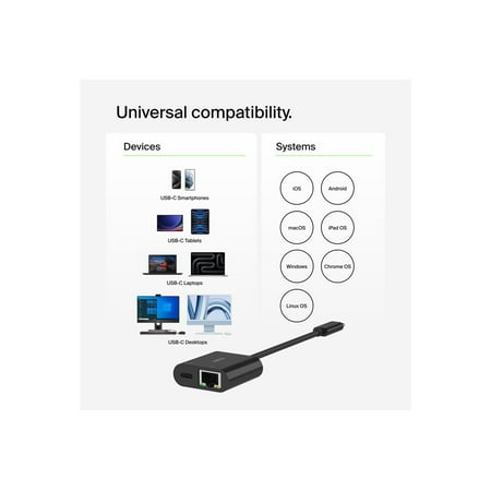 Belkin - USB C To Ethernet + Charge Adapter - Gigabit Ethernet Port for USB C Devices - Black