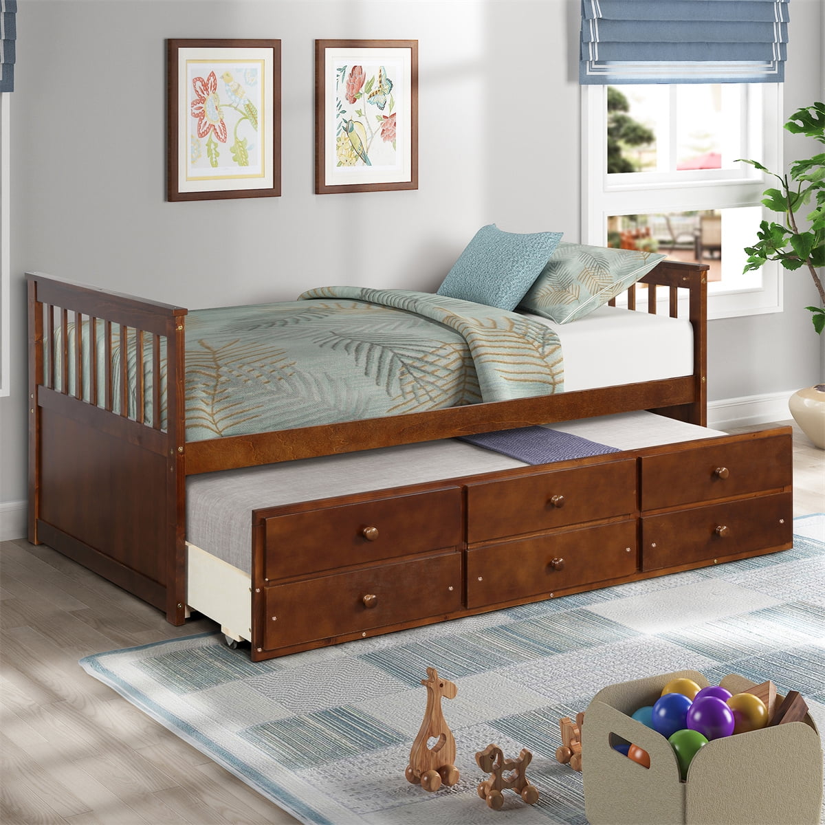 Space-Saving Twin Size Captain's Bed with Trundle Bed,Wood Storage ...