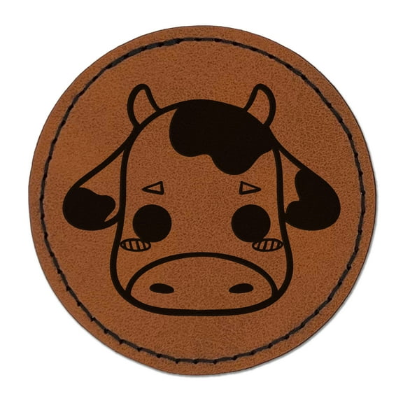 Charming Kawaii Chibi Cow Face Blushing Cheeks Milk Farm 2.5" Faux Leather Round Engraved Iron-On Patch - Brown