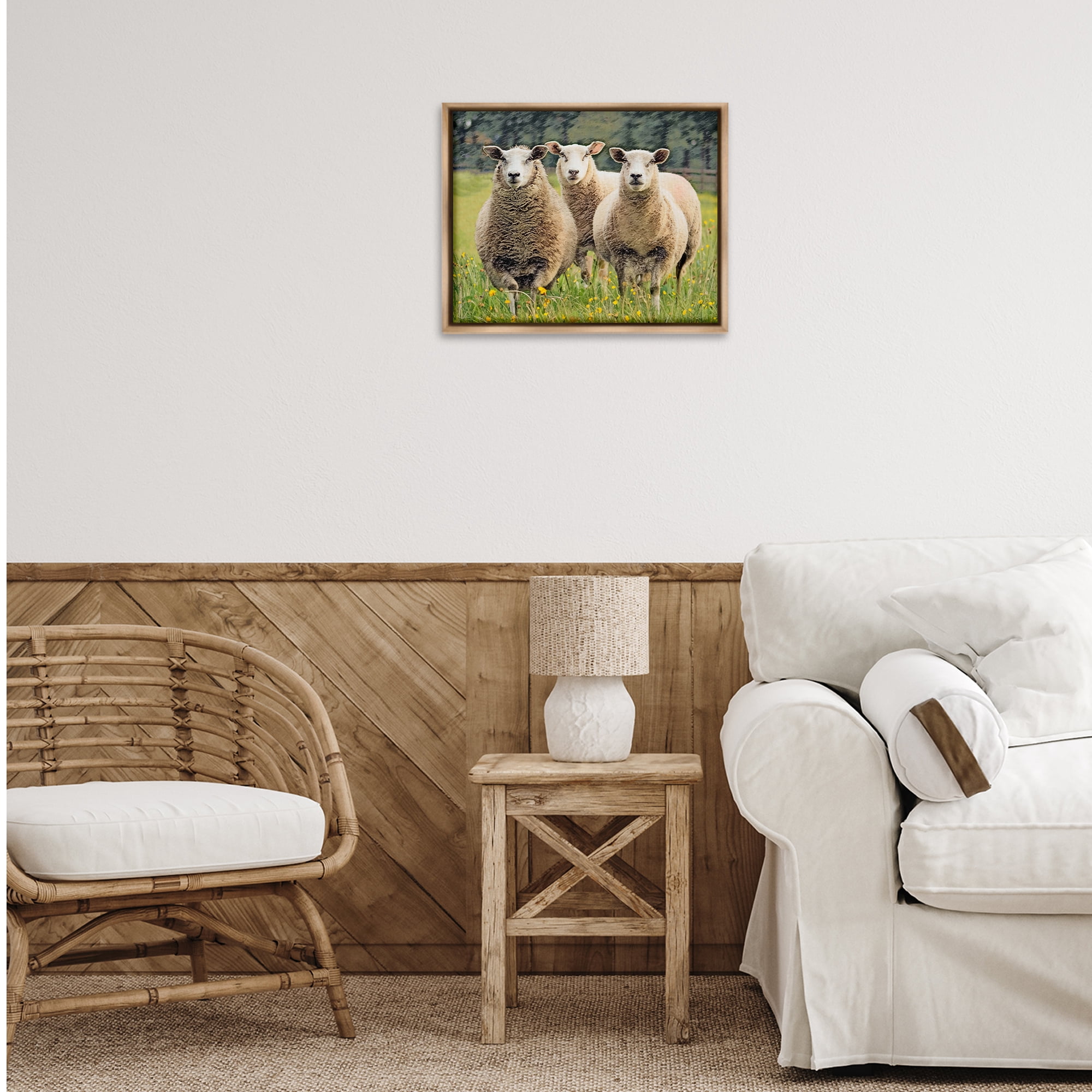 Stupell Industries Sheep Grazing in Grass Animals & Insects Painting Brown Floater Framed Canvas Art Print Wall Art, 21 x 17