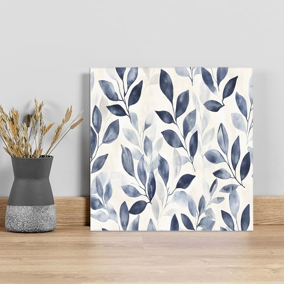 Navy Blue Botanical Wall Art Painting on Canvas, Pastoral Spring Leaves Watercolor Canvas Art Home Prints Wall Art Framed Modern Artwork for Living Room Bedroom Wall Decor 20x20in