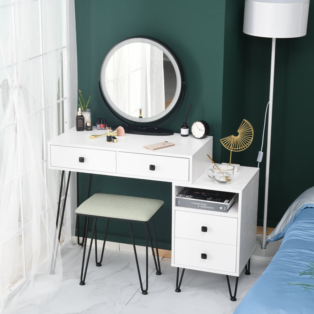 Elegant Bedroom Vanity Makeup Dressing Table Set with Round Mirror and 2 Drawers 
