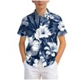 thumbnail image 4 of NOEGOEU Boys Button Down Hawaiian Shirt Short Sleeve Beach Shirt Kids Graphic Tees Tops 5-14 Years (Dark Blue,10-11 Years), 4 of 6