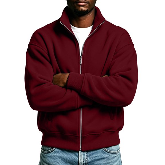 Men's Hoodless Sweatshirt Loose Stand Up Collar Long Sleeve Full-zip Jacket for Comfortable Casual Wear Wine XXL