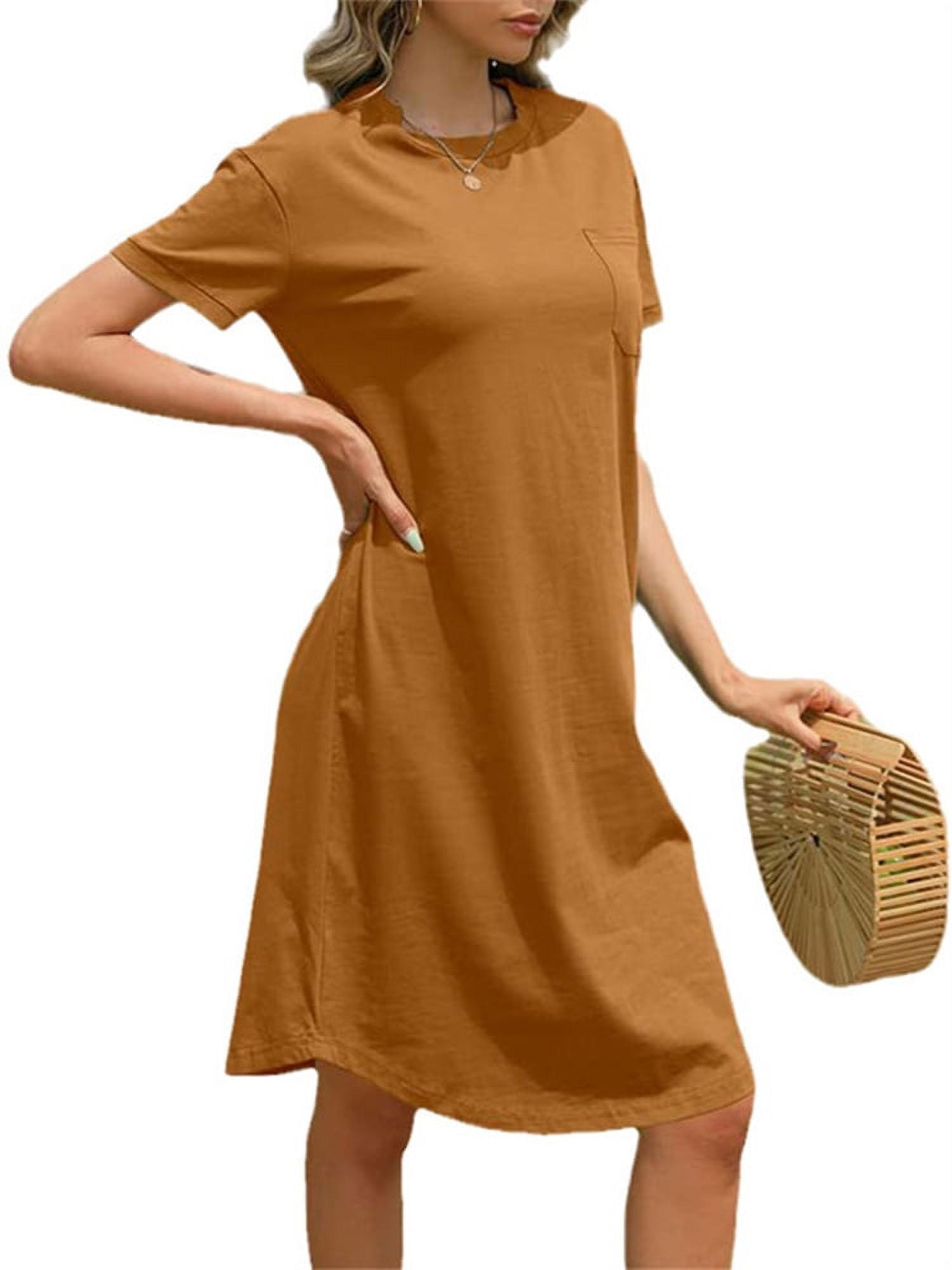 Women's Solid Color Casual Summer Midi Dress with Round Neck, Short Sleeves  and Pockets - Walmart.com