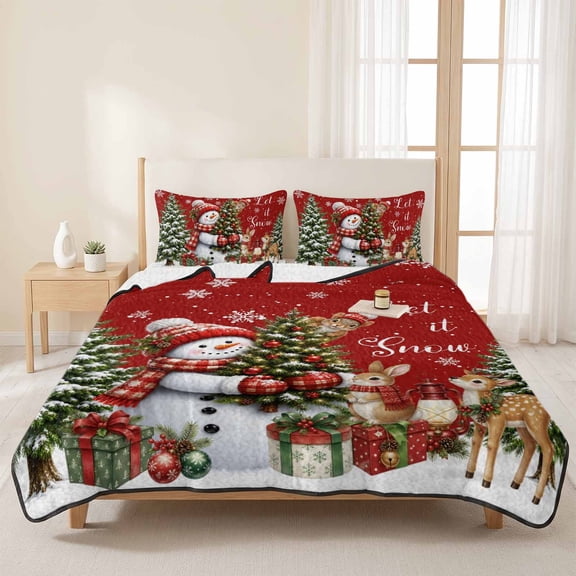 3 Pieces Queen Quilt Set,Christmas Trees Deer Snowman Soft Bedding Sets with 1 Quilt & 2 Pillow Shams,Let Snow Words on Red Summer Bedspread Lightweight Coverlet Comforter