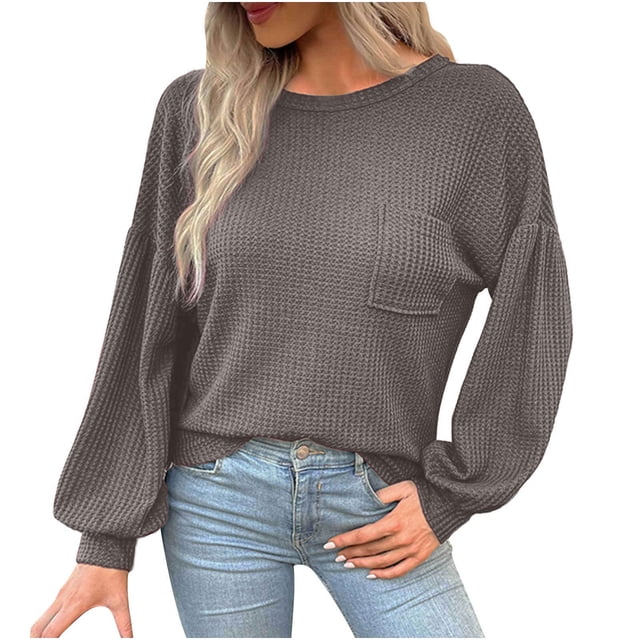 HKEJIAOI Hauts à Manches Longues en Polyester pour Femmes Col Rond Uni Blouses Habillées Décontractées Manches Longues