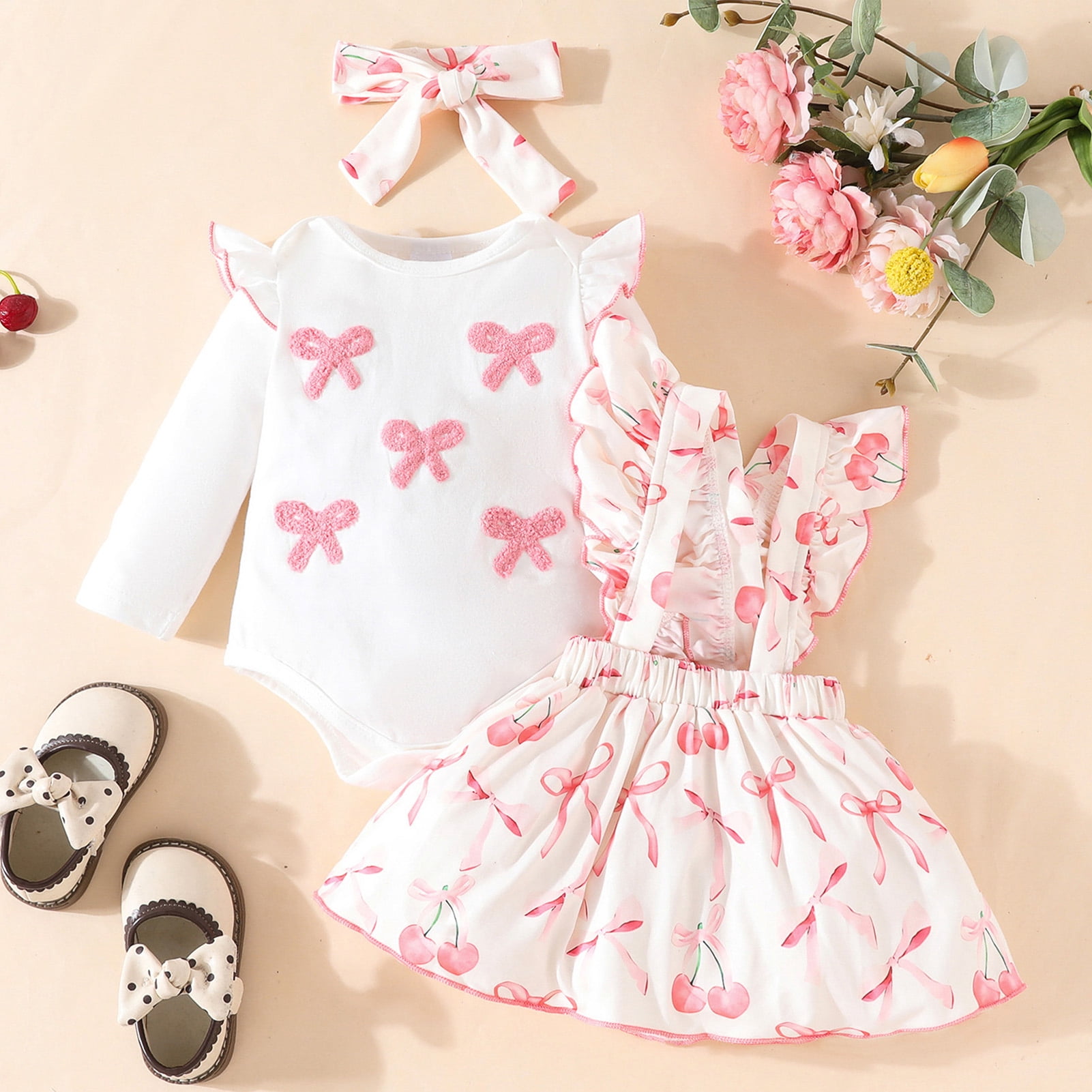 IWEMEK Newborn Baby Girl Clothes Ruffle Long Sleeve Romper Pink Bowknot Skirt 3 Pieces Fall Outfits Set Size 12-18M
