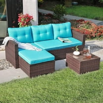 JOIVI Patio Set, PE Wicker Rattan Outdoor Conversation Set, Tempered Glass Coffee Table, Blue