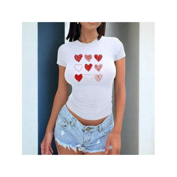 Playera Blusa De 9 Corazones Distintos Dibujados Ropa De Mujer Color Blanco Talla Chica Marca Emil SaEs