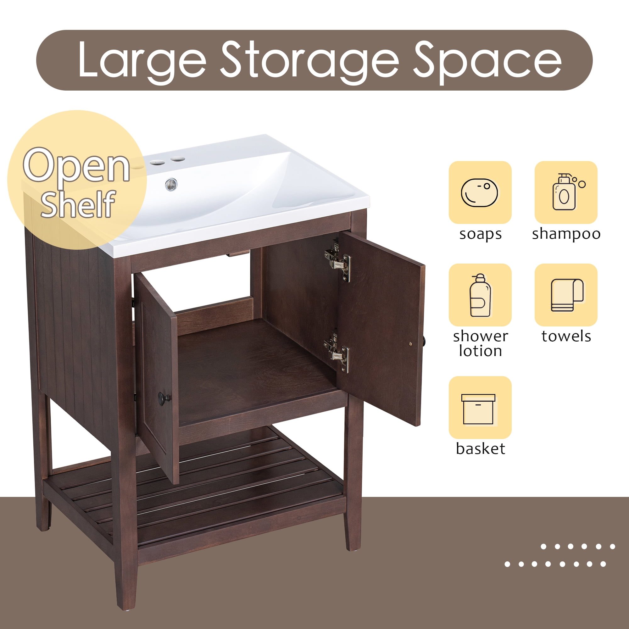 Euroco 24" Modern Sleek Bathroom Vanity with Elegant Ceramic Sink, Solid Wood Frame, and Open Style Shelf
