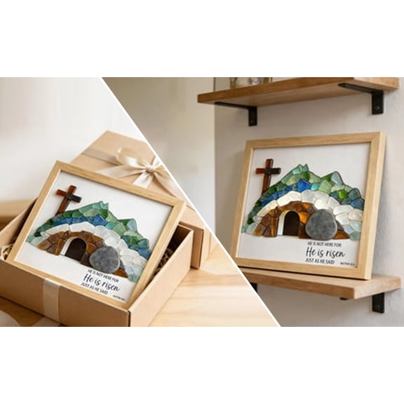 Sea Glass Empty Tomb Resurrection Wall Art – He Is Risen, Religious Sea Glass Frame Decor, Easter Empty Tomb Resurrection Scene Decor for Home, Office Tabletop, Shelf Decor