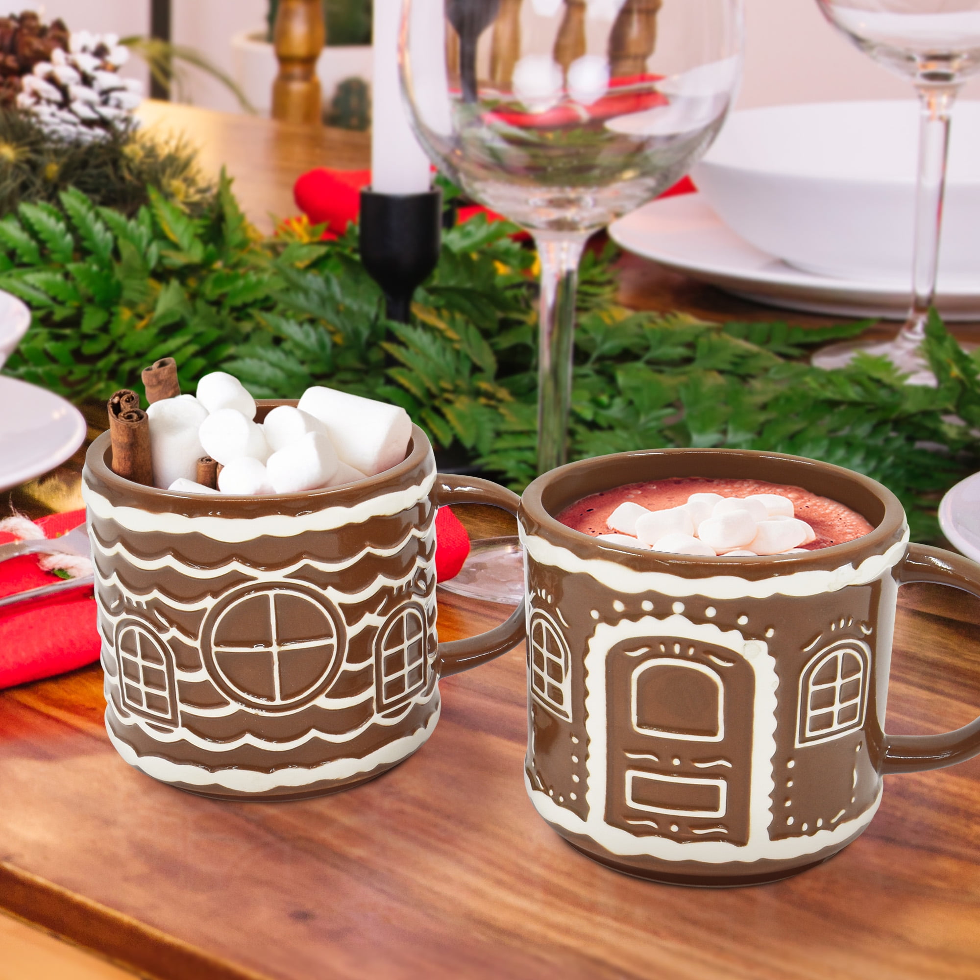 Holiday Time 2 pack Stoneware Gingerbread House Stackable Mug, Brown, Festive Drinkware