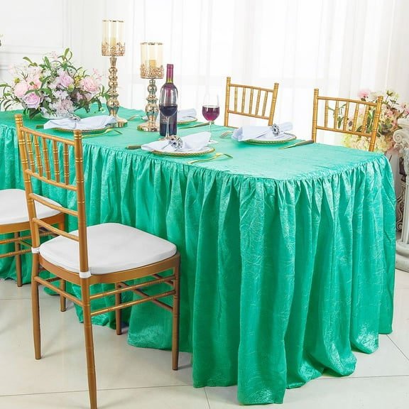 Wedding Linens Inc. 8' (96"x30") Rectangular Ruffled Fitted Crushed Crinkle Taffeta Tablecloth With Skirt - Aqua Blue/Tiffany blue