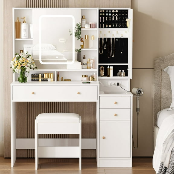Vabches Vanity Set with Sliding Mirror and Lights Makeup Table with 3 Drawers & 2 Cabinets & 5 Shelves, White
