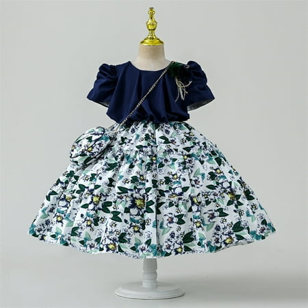 

YWDJ Casual Dress Girls Party Bubble Sleeve Dress Girl Princess Birthday Party Skirt Little Girls Bowknot Flower Girl Toddler Adorable Pageant Dress 5-9Y Blue 5Y