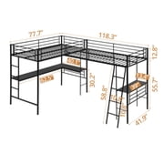 Triple Metal Bunk Bed,L-Shaped Metal Triple Bunk Bed with Desk and Shelf , Twin Over Twin Bunk Bed with Twin Loft Bed Attached , 3 Bed Bunk Beds for Small Space